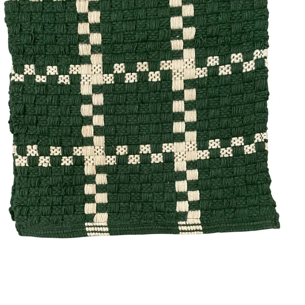 Rachel Roy Checkered Jute Table Runner 16x90 Christmas Holiday Green Cream New